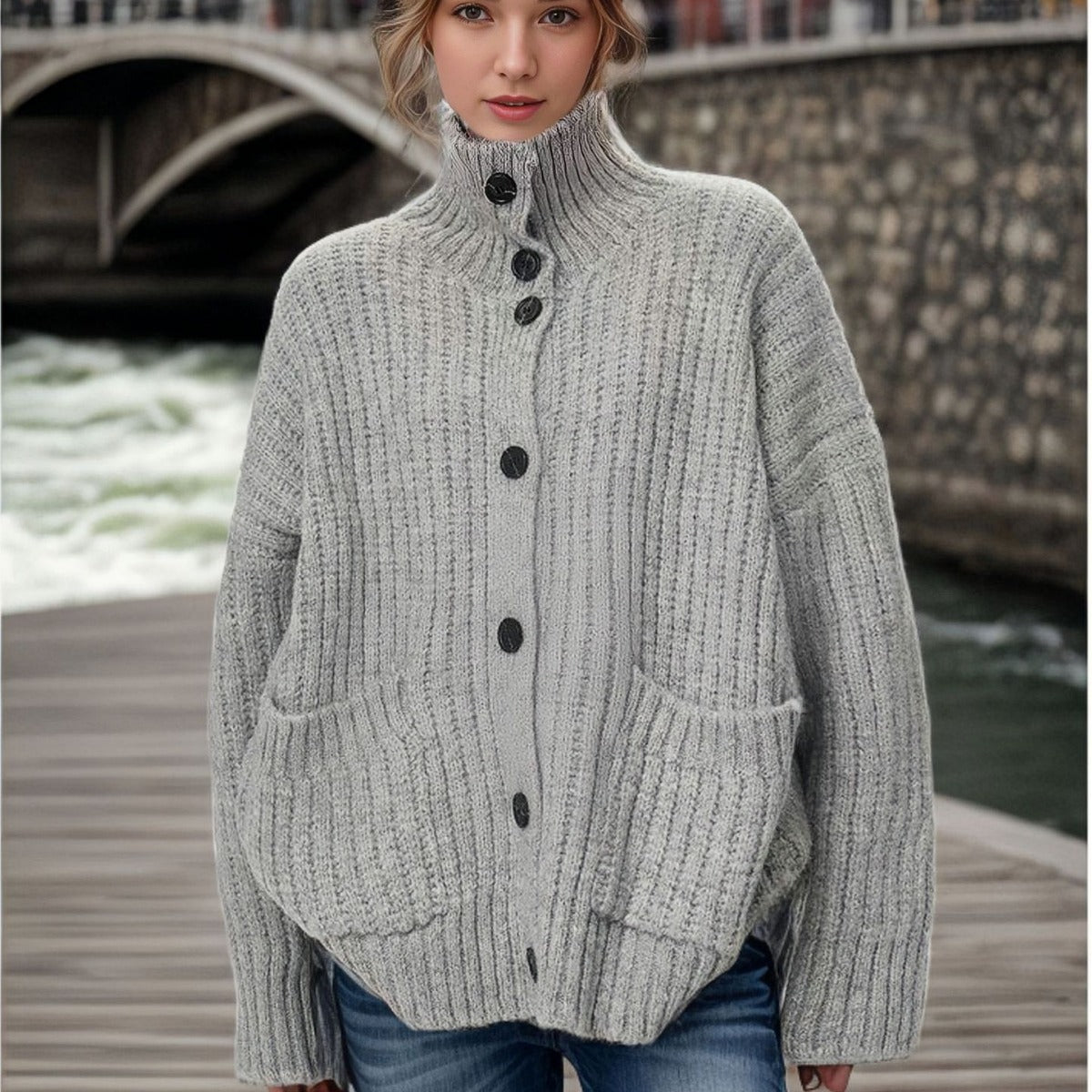 Dame cardigan avec col montant et fermeture à bouton Chic und Stil