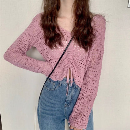 Pull en crochet aéré pour femmes avec cordon de serrage et coupe large Chic und Stil