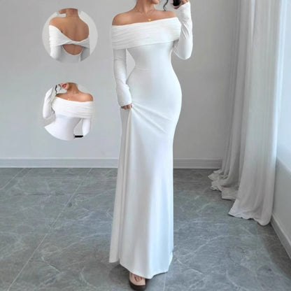Dames Élégante Robe Maxi Off-Shoulder avec Manches Longues et Haut Drapé Chic und Stil