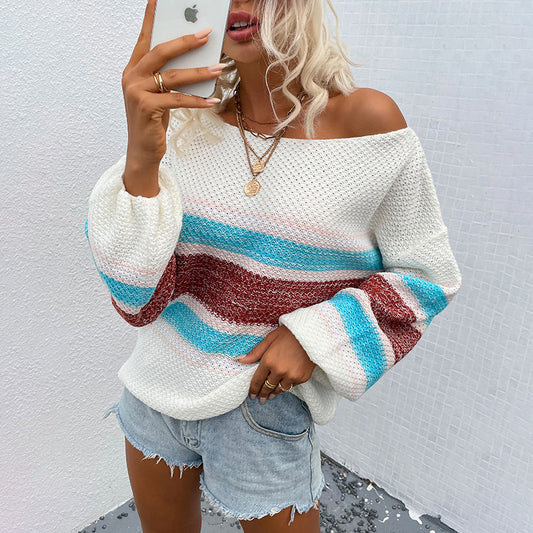 Pull en tricot décontracté pour femmes avec un décolleté large et un motif rayé unique Chic und Stil