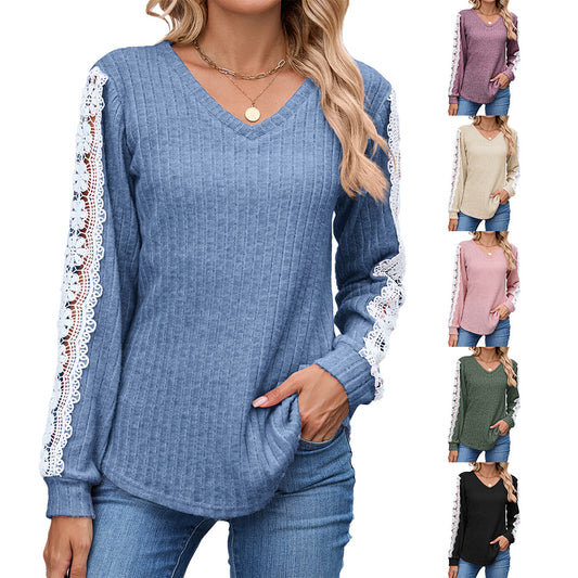 Dames Pull V-Ajusté à Col en V avec Détails en Dentelle Chic und Stil