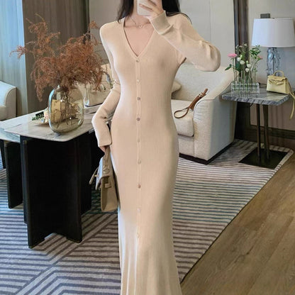 Dames Élégant Maxi Robe avec Détails de Bouton et Décolleté en V Chic und Stil