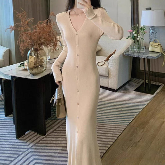 Dames Élégant Maxi Robe avec Détails de Bouton et Décolleté en V Chic und Stil