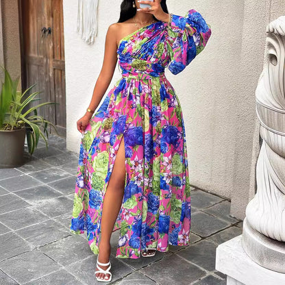 Robe maxi élégante à épaule unique florale Chic und Stil