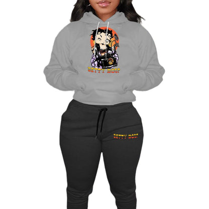Dames ensemble moderne sweater à capuche et pantalon de jogging décontracté avec impression artistique de dessin animé Chic und Stil