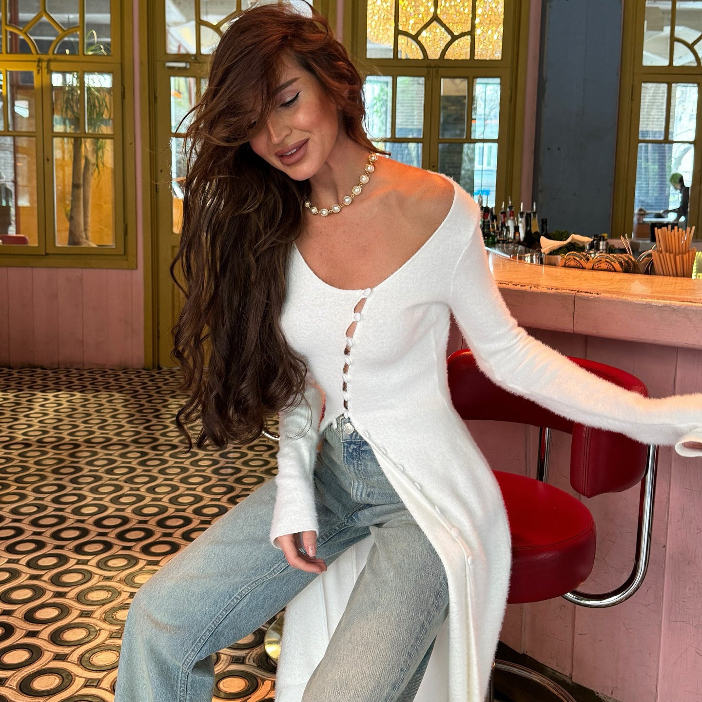 Dames élégante robe maxi avec de fins détails de boutons Chic und Stil