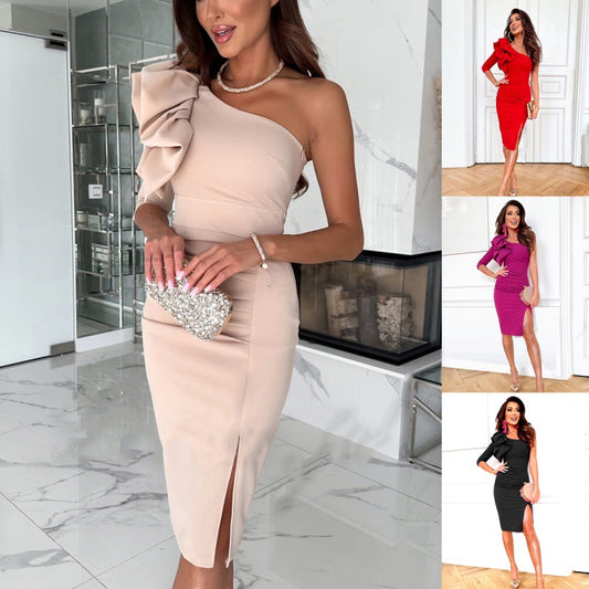 Robe slim à volants à épaule unique Chic und Stil pour femmes