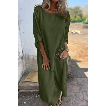 Robe maxi décontractée pour femmes avec un décolleté rond profond et des détails de bouton pratiques Chic und Stil