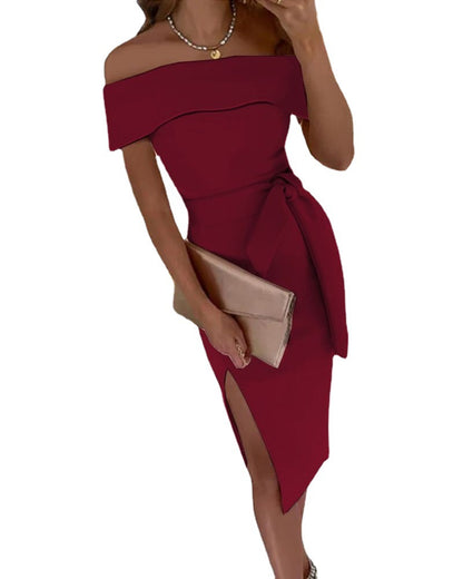 Women's Elegant Off-Shoulder Midi Dress with Side Slit Chic and Stylish