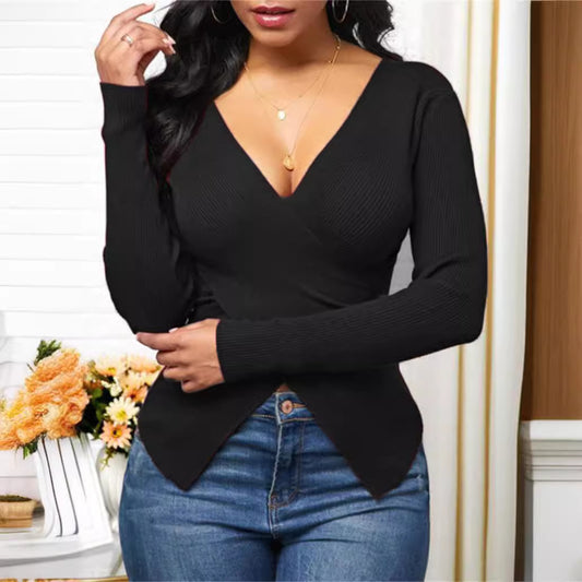 Haut à nouer pour femmes avec décolleté en V profond et design à fines côtes Chic und Stil