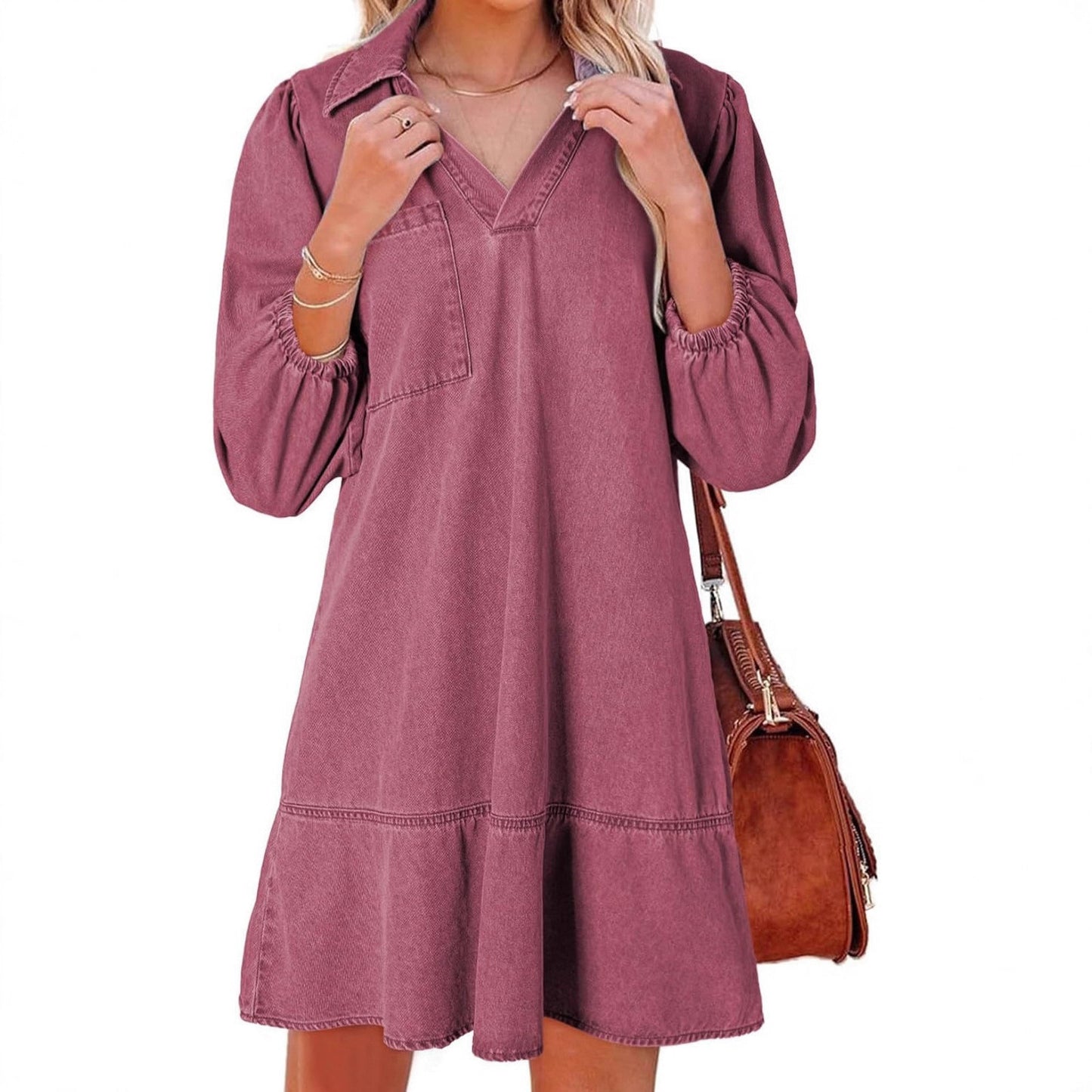 Robe en denim pour femmes avec des manches volumineuses et une poche latérale Chic und Stil