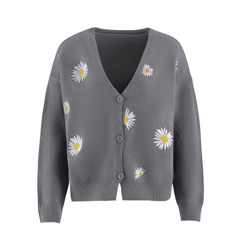 Knitted jacket for women with floral embroidery and V-neck Chic und Stil