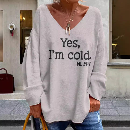 Dames pull oversized avec décolleté en V moderne et statement imprimé Chic und Stil