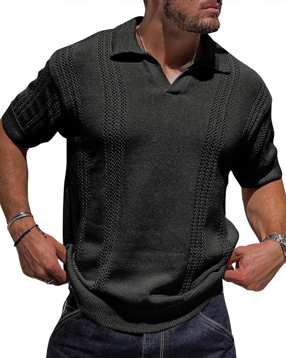Pull-over en tricot à manches courtes pour hommes avec surface structurée et col polo Chic und Stil