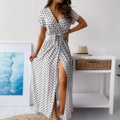 Robe Maxi à Pois pour Femmes avec Fente Haute et Ceinture Chic und Stil