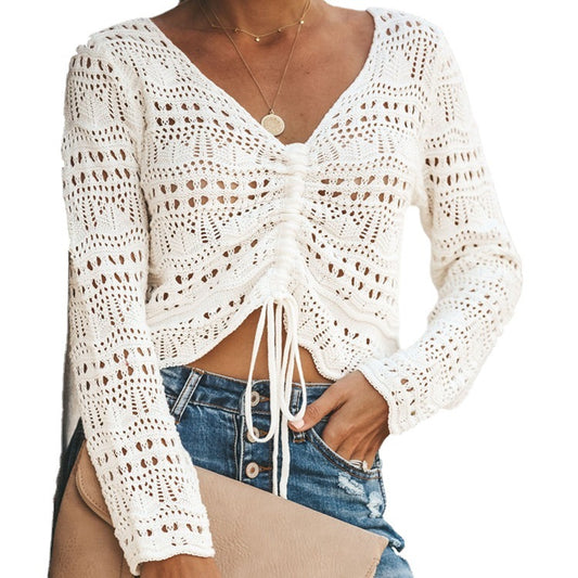 Pull en tricot pour femmes avec un motif de trous décoratif et un cordon réglable Chic und Stil