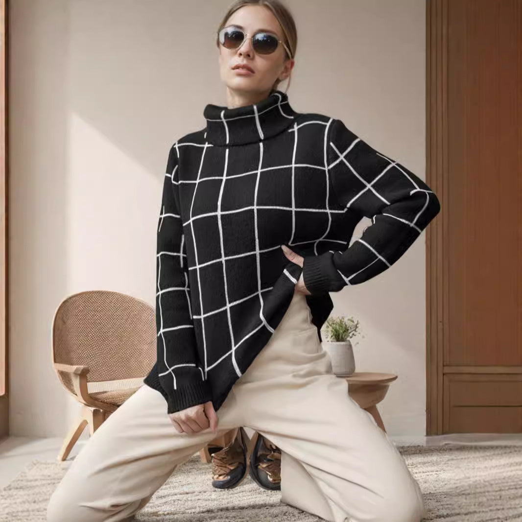 Pull en gros tricot pour femmes avec un motif à carreaux moderne et un col montant Chic und Stil