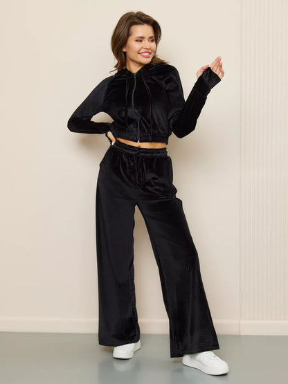 Dames Ensemble de loungewear en velours luxueux avec capuche et taille élastique Chic und Stil