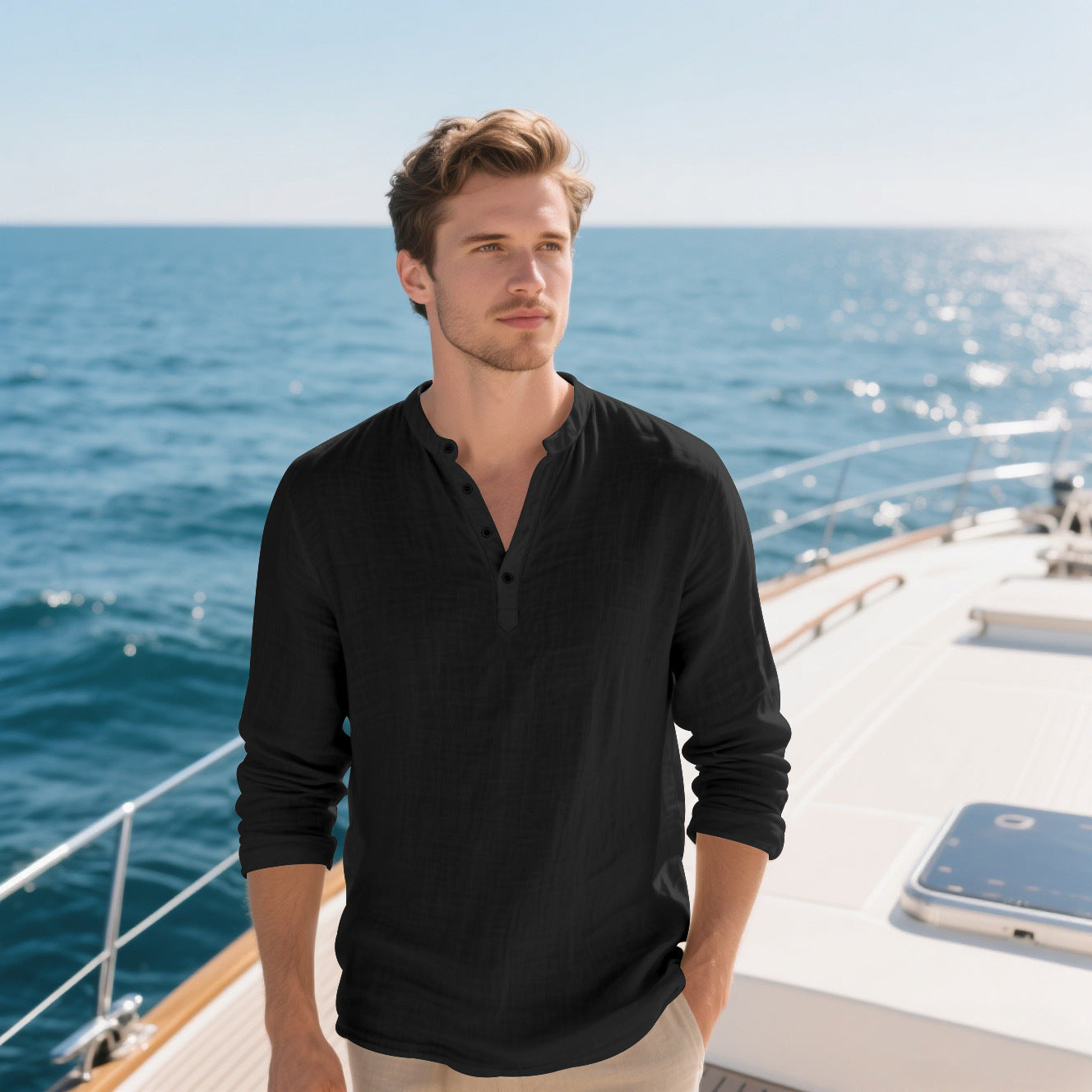 Chemise élégante pour hommes à manches longues avec col montant à la mode et surface texturée Chic und Stil