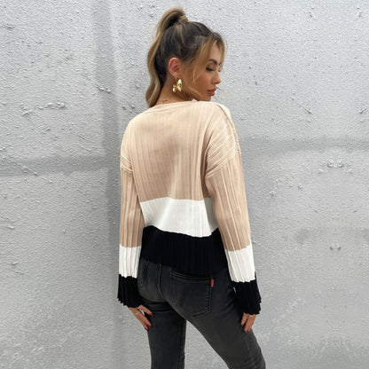 Pull en tricot à la mode pour femmes avec un design de blocs de couleurs harmonieux et des manches larges Chic und Stil