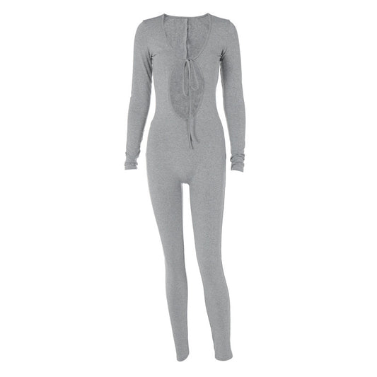 Combinaison longue à manches longues pour femmes, ajustée, avec décolleté en forme de cœur et détail lacé Chic und Stil