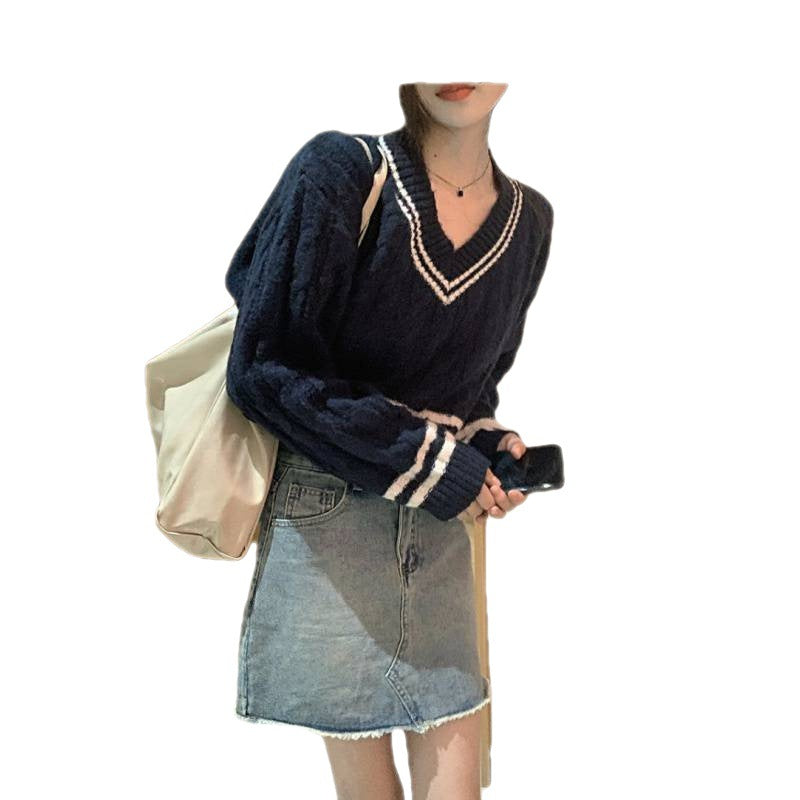 Pull en tricot à col en V et motif en relief pour dames Chic und Stil