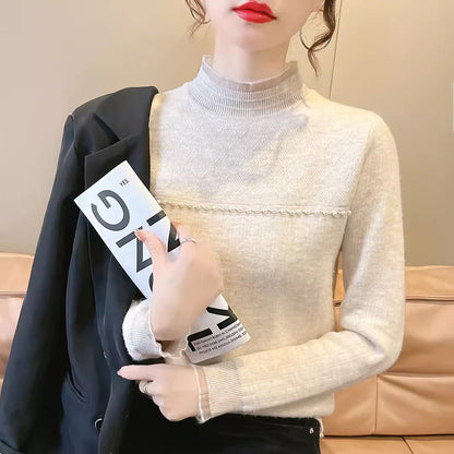 Dames pull en tricot élégant avec inserts transparents et détails en volants Chic und Stil