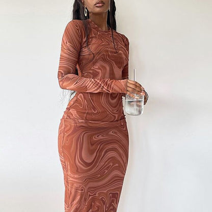 Femme Manches longues Imprimé abstrait Midi robe Chic und Stil