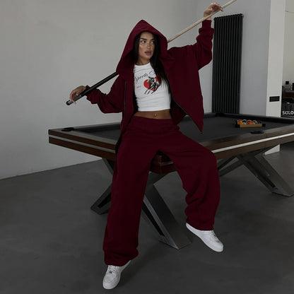Dames Ensemble de détente sportif avec veste à capuche confortable et pantalons larges Chic und Stil