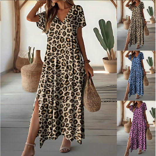 Robe maxi pour femmes au motif léopard moderne avec fentes latérales et décolleté en V Chic und Stil