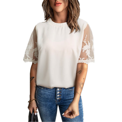 Dames élégant T-shirt avec dentelle aux manches Chic und Stil