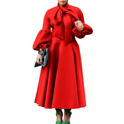 Robe midi pour dames avec col à nouer et manches volumineuses Chic und Stil