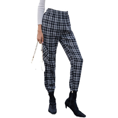 Pantalon à carreaux décontracté pour femmes avec taille élastique et poches simples Chic und Stil