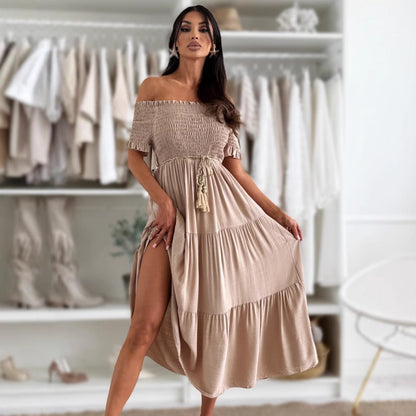 Robe maxi off-shoulder pour femmes avec haut froncé et jupe à volants Chic und Stil