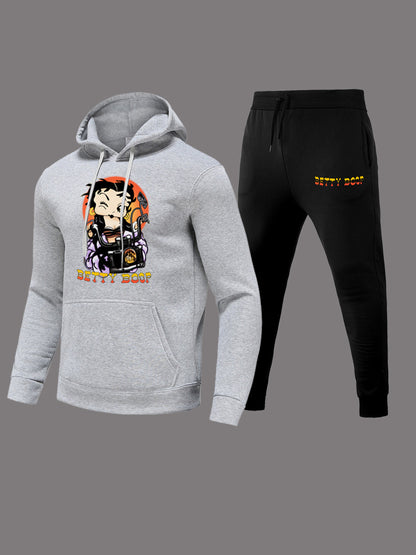 Dames ensemble moderne sweater à capuche et pantalon de jogging décontracté avec impression artistique de dessin animé Chic und Stil