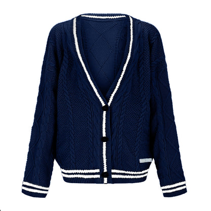 Cardigan en grosse maille pour femmes avec décolleté en V profond et détails de bouton contrastants Chic und Stil
