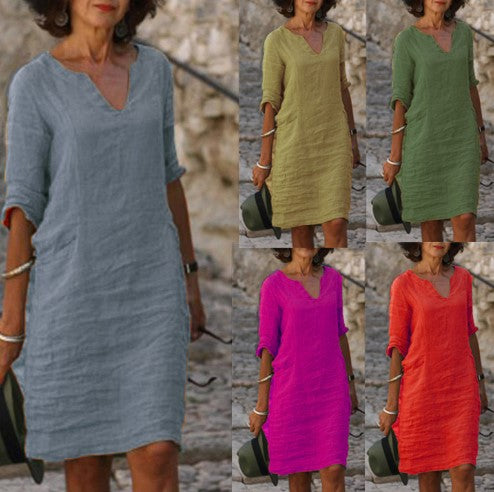 Robe en lin pour femmes avec coupe décontractée et élégant décolleté en V Chic und Stil