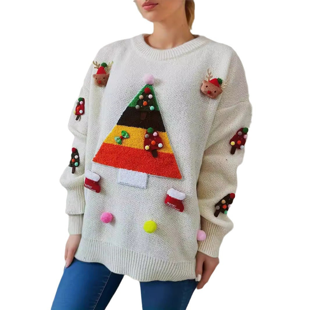 Pull de Noël pour femmes avec un design de sapin de Noël joyeux et des applications 3D Chic und Stil