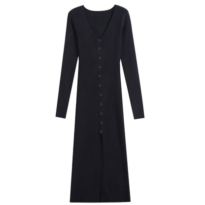 Dames Robe maxi à manches longues avec structure côtelée et détail de bouton Chic und Stil