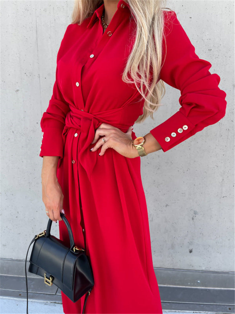 Dames Robe Midi Élégante avec Ceinture et Patte de Boutonnage Chic und Stil