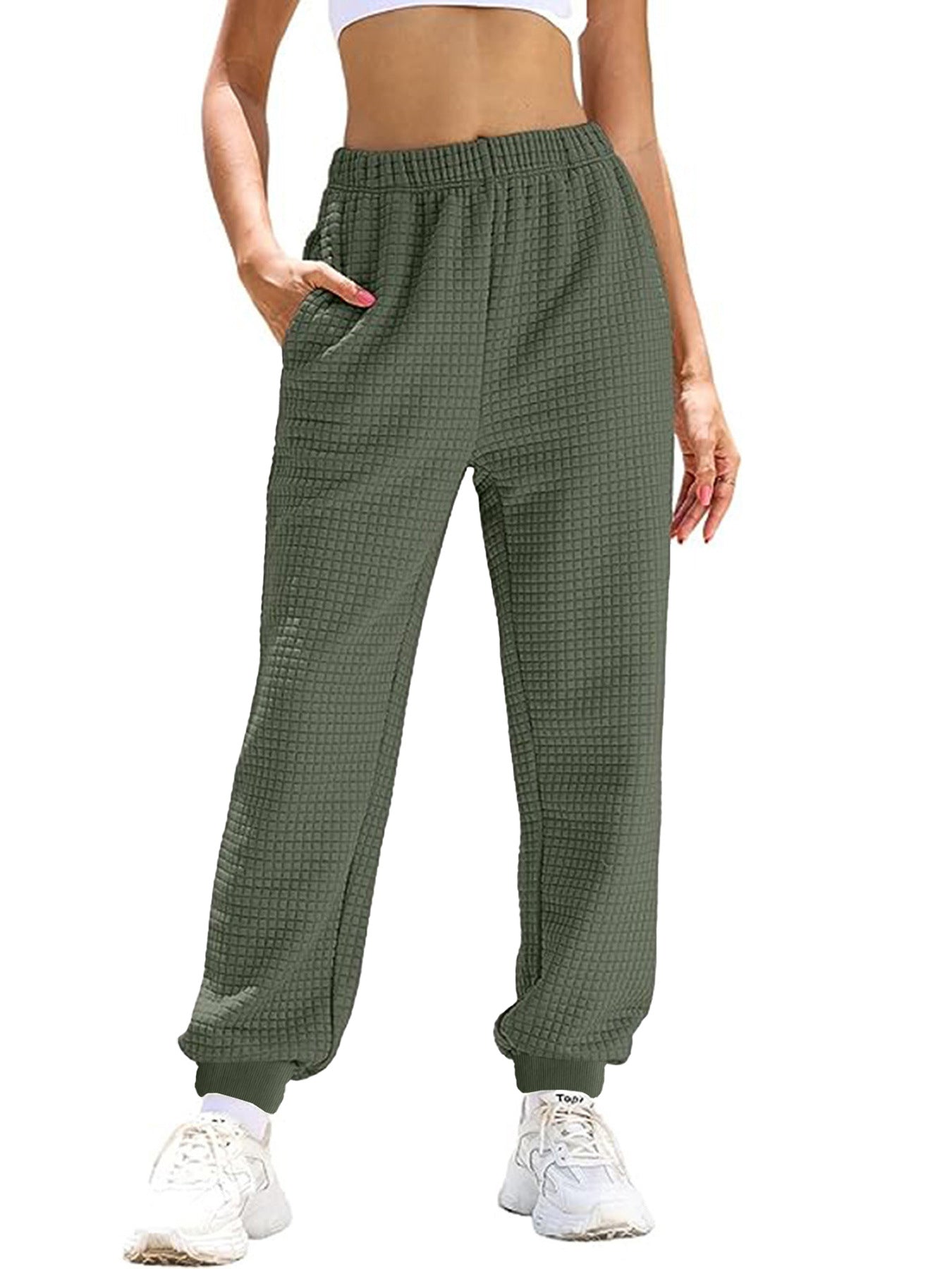 Women Comfortable Waffle Texture Sweatpants with Elastic Waist and Side Pockets Chic and Style