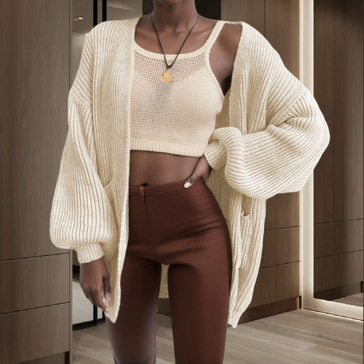 Dames Grosse Tricot Cardigan avec manches larges et poches pratiques Chic und Stil