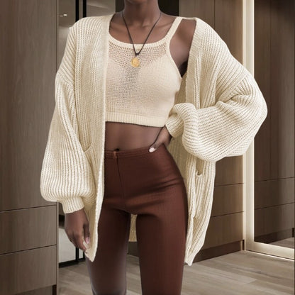 Dames Grosse Tricot Cardigan avec manches larges et poches pratiques Chic und Stil