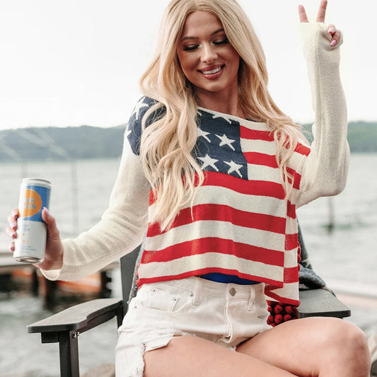 Pull décontracté pour femmes avec motif de drapeau et manches ornées Chic und Stil