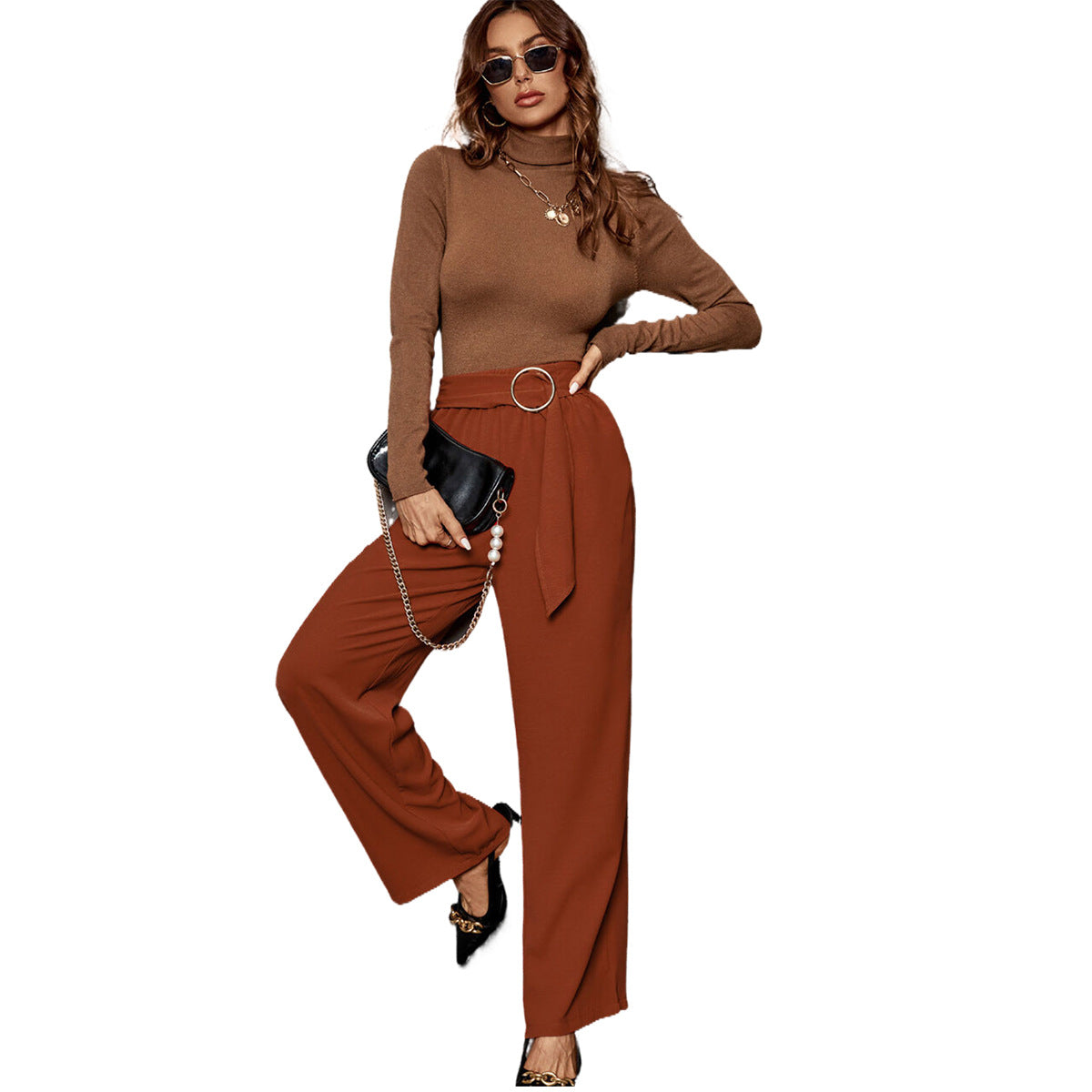 Dames élégante pantalon Palazzo taille haute avec ceinture à nouer sur le côté Chic und Stil