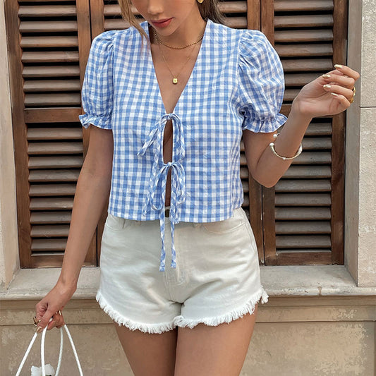 Top court à carreaux à manches bouffantes pour femmes avec détail de liage Chic und Stil