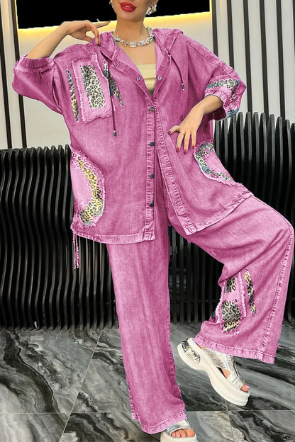 Fashionable women's jacket and pants set with chic animal print details