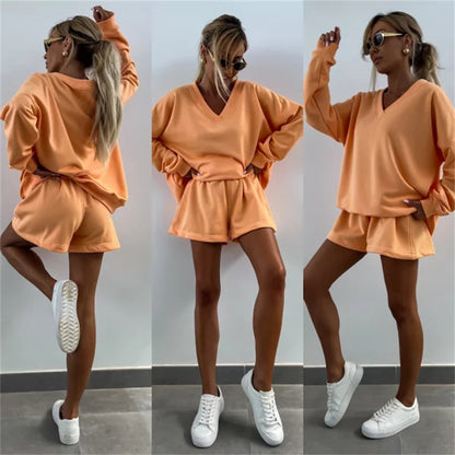 Women casual sweatshirt set with V-neck and sports shorts