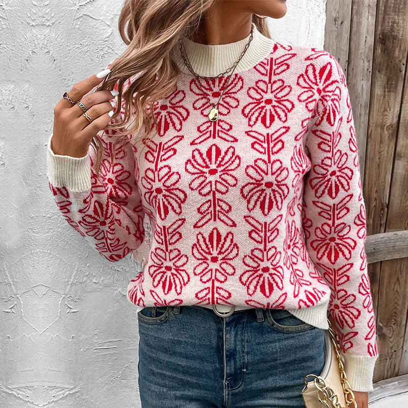 Pull en tricot pour femmes avec des motifs floraux et un élégant col montant Chic und Stil