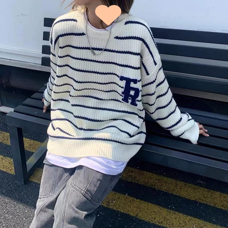 Pull en tricot surdimensionné décontracté pour femmes avec des rayures cassées et une poche poitrine Chic und Stil